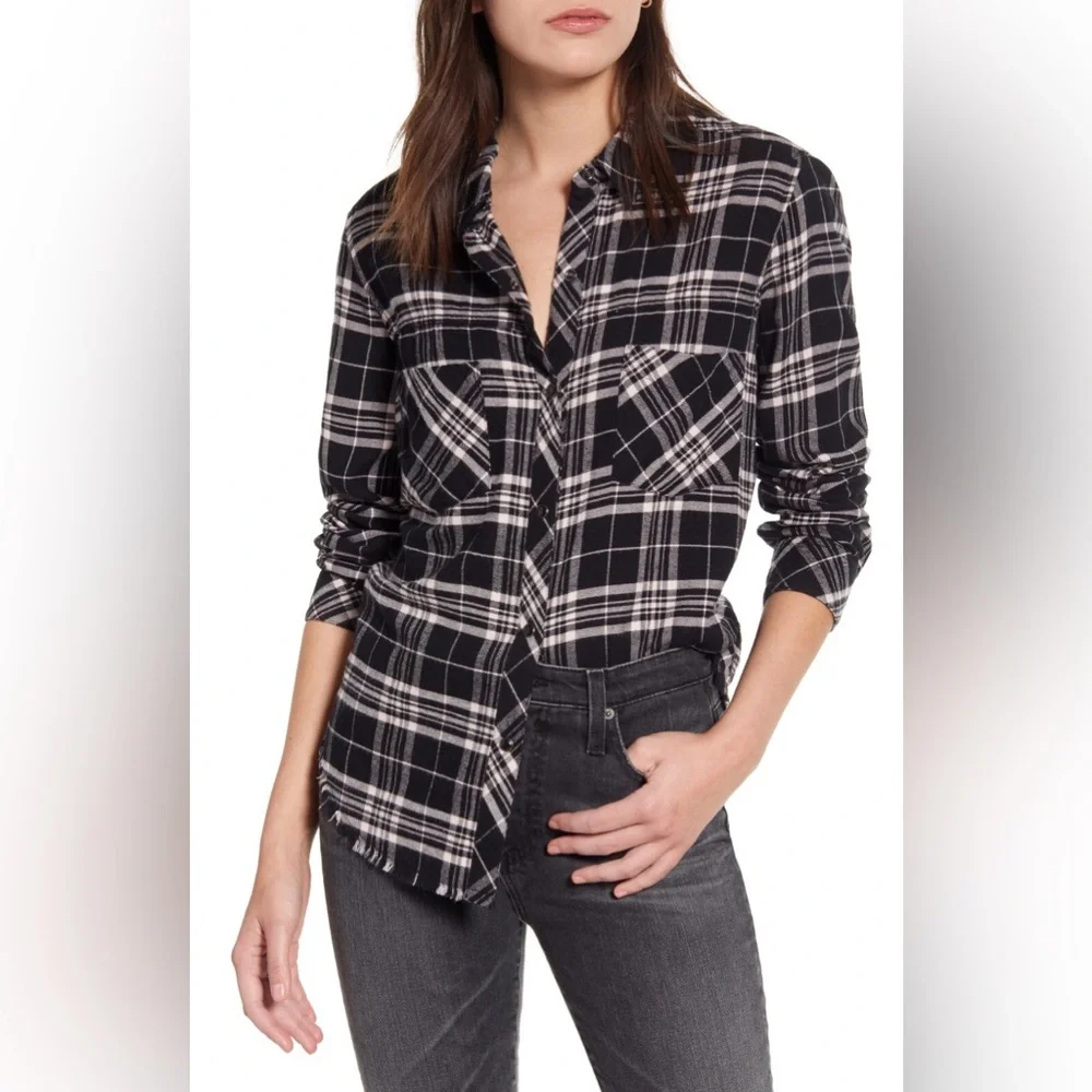 Rails Leo Onyx Peach Plaid Flannel Shirt with Frayed Hem Size Large